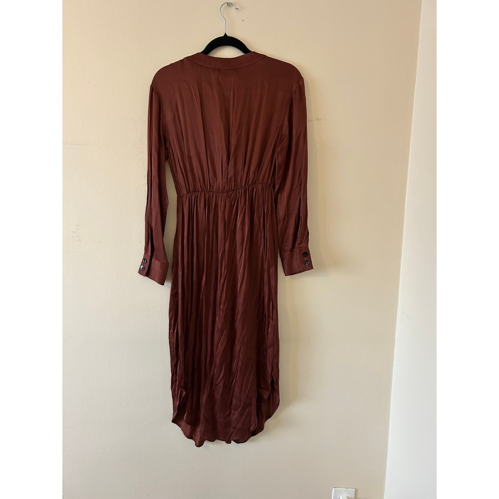 MNG Brown Satin Long Sleeve Button Front Midi Shirt Dress Size S - Picture 9 of 11